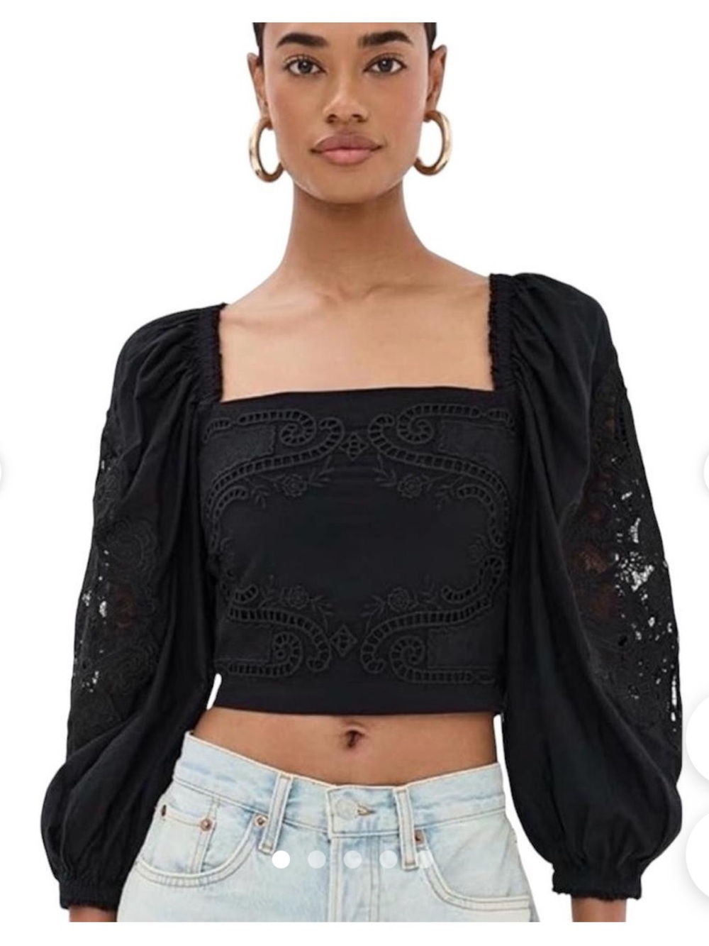 FARM Rio Black Square-Neck Embroidered Puff-Sleeve Crop Top